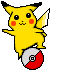 Pikachu balancing on a Pokéball.
